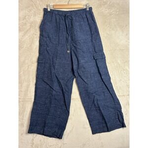 Nicole Miller Women's Medium Linen Wide Leg Pants Blue Pull On‎ Elastic Waist